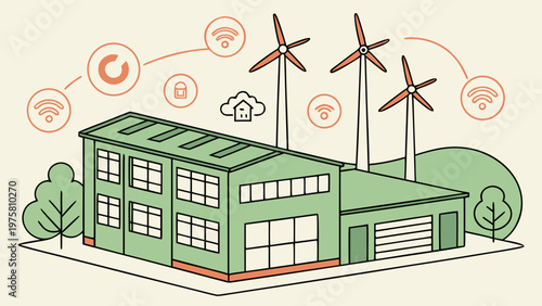 Green energy industrial building with solar panels wind turbines and smart technology icons representing sustainable power and renewable energy system