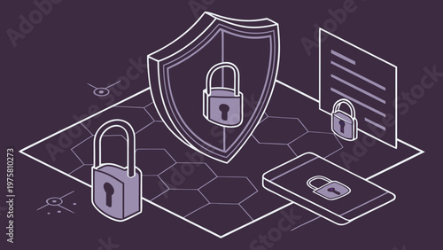 Cybersecurity illustration with shield lock laptop and padlocks representing data protection privacy encryption and secure digital network