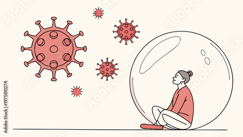 Conceptual illustration of virus threat with person inside protective bubble symbolizing health safety quarantine and pandemic prevention