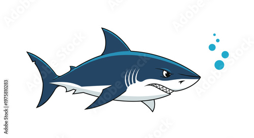 Large blue great white shark with an angry expression and sharp teeth swimming through the water with bubbles.