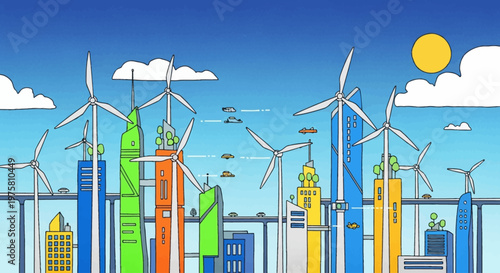 Wind turbines and cityscape with ecofriendly buildings