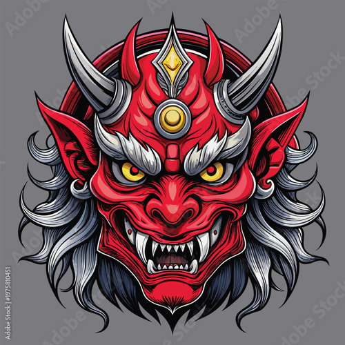 Φωτογραφία Intricate red oni mask with sharp horns and fierce expression