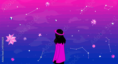 Woman gazing at starry night sky with constellations