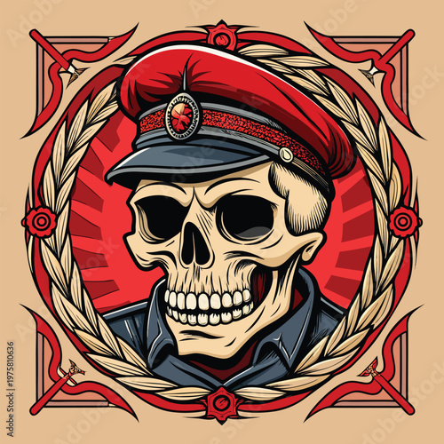 Skull wearing a red soviet style hat with laurel wreath frame