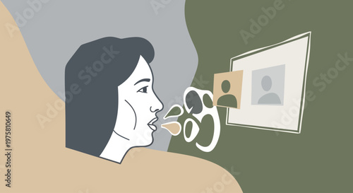 Woman looking at a framed photo with a plant