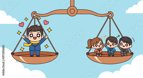 Cute cartoon children playing on a balanced seesaw with a cheerful sky background and clouds