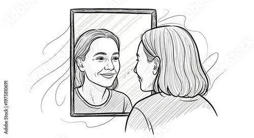 Woman looking at her reflection in a mirror