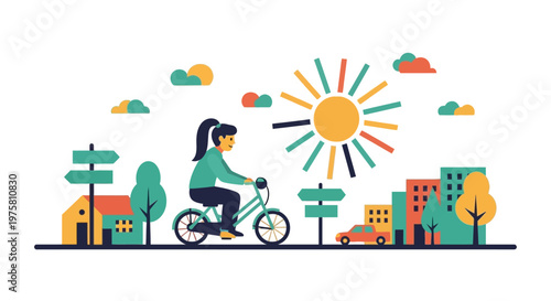 Woman riding bicycle on sunny city street