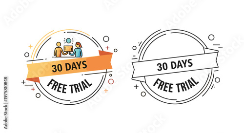 Marketing badge set for a 30 days free trial offer featuring people icons and ribbons in both colored and line art styles.
