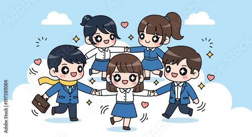 Cute cartoon children playing together outdoors in a snowy winter scene with snowmen and cheerful expressions