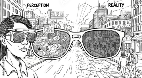 Woman wearing sunglasses with perception vs reality city view