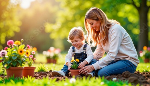 Mother and child planting flowers in sunny garden during spring, Mother's Day