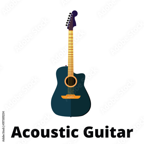 Modern black acoustic electric guitar with cutaway body design and light wood neck vector illustration. Stylish folk and pop musical instruments isolated on white background for music projects.