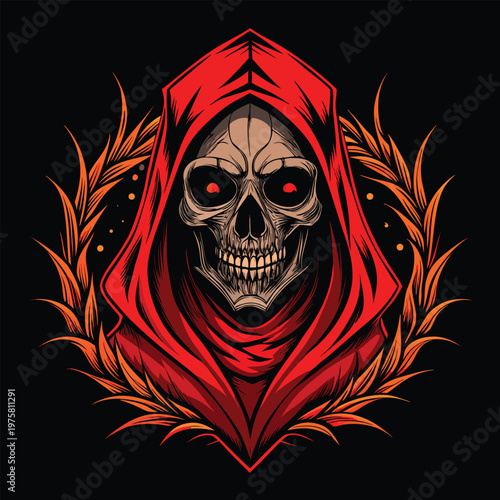 A spectral skull figure cloaked in crimson red framed by leaves