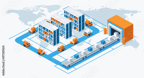 Isometric Warehouse and Logistics Illustration with Trucks, Conveyor Belt, and Global Map Background