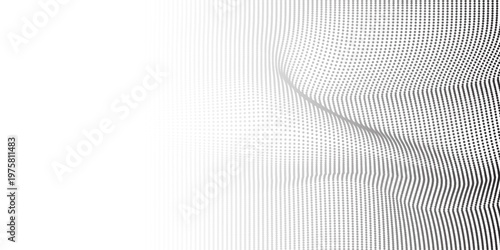 Flowing dots particles wave pattern 3D curve halftone black gradient curve shape isolated on white background.