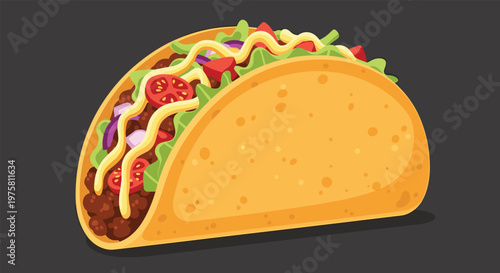 Delicious looking taco filled with ground beef, fresh lettuce, red tomatoes, purple onions, and drizzled with yellow sauce on a dark background.