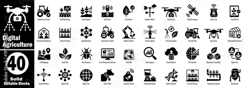 Digital Agriculture and Precision Farming Flat Icons Set for Smart Agricultural Technology.