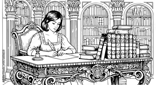 A vintage illustration of a young woman writing at a desk surrounded by books in a library