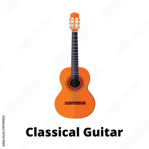 Classical acoustic guitar vector illustration in warm orange wood tones. Traditional Spanish string instrument graphic isolated on white for music education, folk, and classical themes.