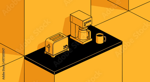 Isometric kitchen appliances including a coffee maker and toaster on a countertop with a mug
