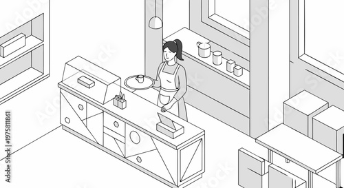Isometric illustration of a woman serving coffee behind a counter in a cafe with tables and shelves in the background