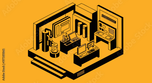 Isometric Illustration of a Technology and Science Laboratory with Computers and Equipment