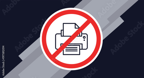 Circular red sign with a diagonal slash over a black printer icon placed against a dark background with geometric gray shapes for office rules.