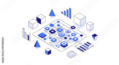 Abstract Isometric Digital Network and Data Analytics Visualization