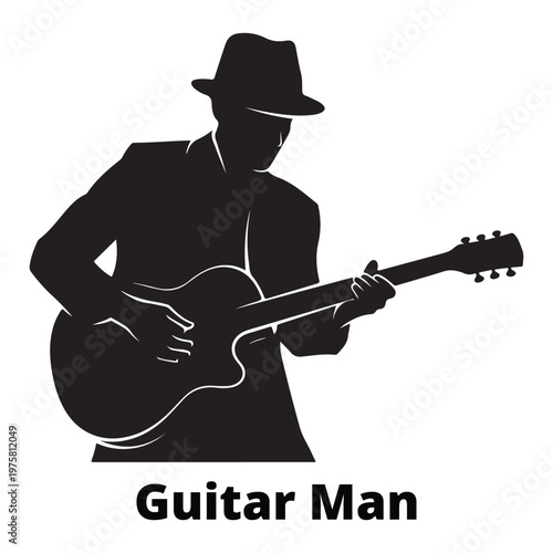 Minimalist black silhouette of a jazz or blues guitarist wearing a fedora hat. Clean vector graphic of a musician playing guitar for elegant musical branding and posters.