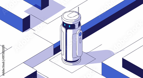 Futuristic Robot navigating a complex geometric maze, representing AI innovation and advanced technology