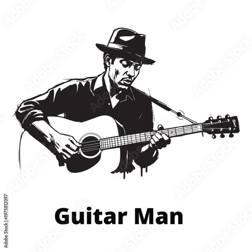 Detailed black and white vector illustration of a male musician wearing a hat and playing an acoustic guitar. Realistic folk or blues artist portrait for musical event flyers and media.t