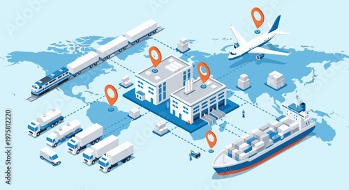 Global logistics network with different modes of transportation, shipping and distribution channels