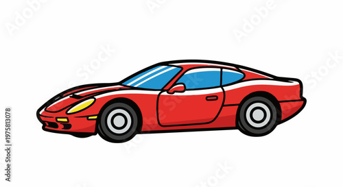 A stylized red sports car with blue windows and black tires on a white background