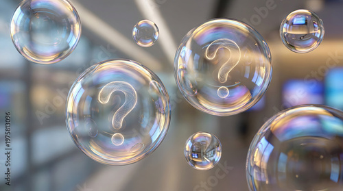 Many questions speech bubble alphabet business concept. Floating bubbles with question marks inside, symbolizing curiosity.