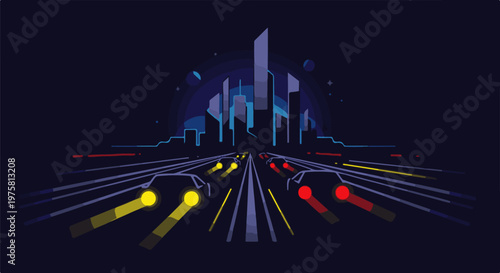 Cars driving towards a futuristic city skyline at night with glowing lights