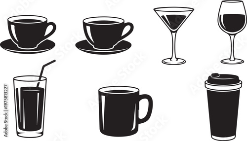 Set of various drinks in different glasses and cups