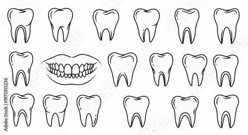 Collection of illustrated teeth and a mouth with teeth