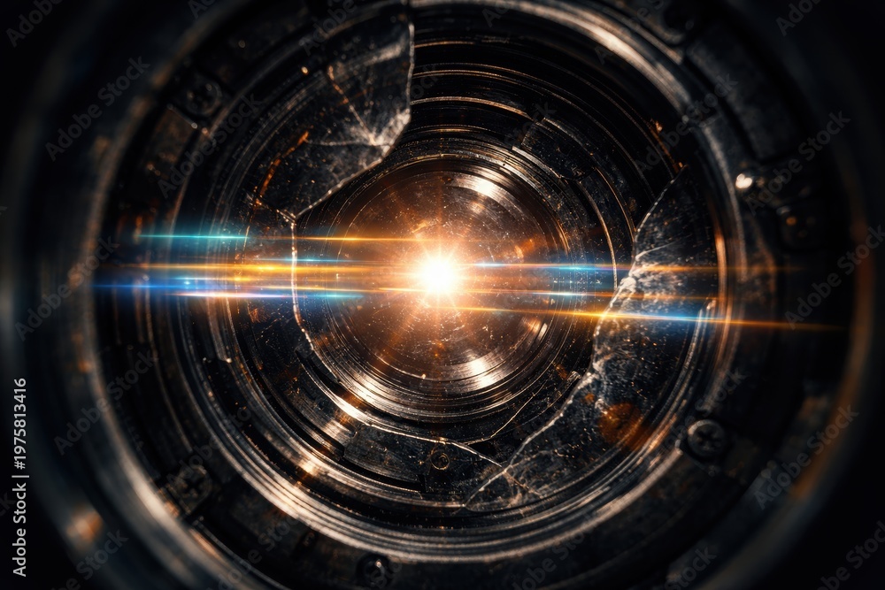 Obraz premium Close Up of Damaged Glass Optical Element Inside a Metallic Lens Barrel with Light Flare
