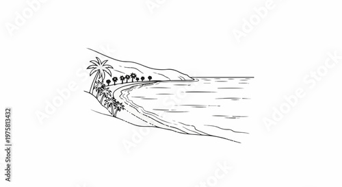 A line drawing of a tropical coastline with palm trees, a sandy beach, and ocean waves