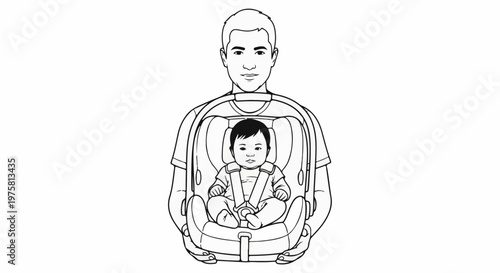 Line art of a man holding a baby in a car seat