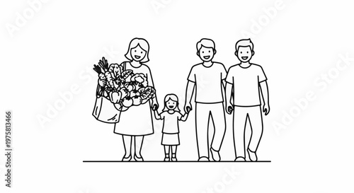 A family of four, including two adults and two children, walks together