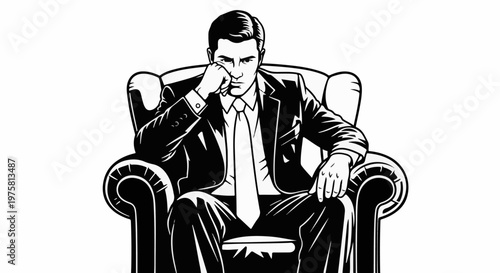 A man in a suit sits in a chair, contemplating