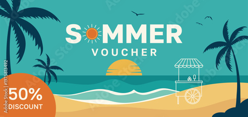 Summer beach voucher template with tropical palms and ocean sunset flat vector illustration. 50 percent discount. Horizontal banner for travel agency or seasonal sale promotion.