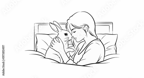 A gentle sketch of a person cuddling a rabbit in bed