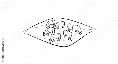 A herd of cattle grazes on a grassy field, with simple line art style