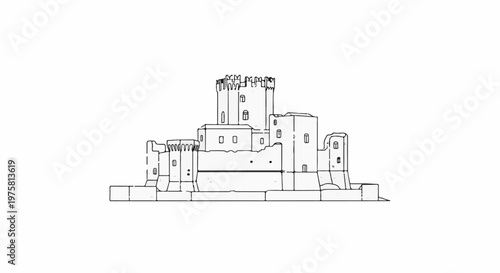 Line drawing of a multi-towered, walled castle with crenellations and small windows