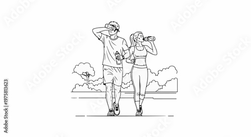 Two runners, a man and a woman, take a break to drink water