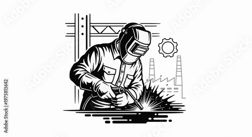 Welder in protective gear works on metal, sparks fly, factory backdrop