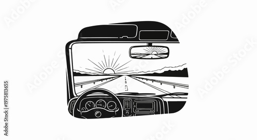 View from car driver's seat towards a sunrise on a highway